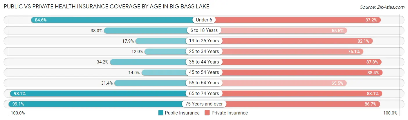 Public vs Private Health Insurance Coverage by Age in Big Bass Lake