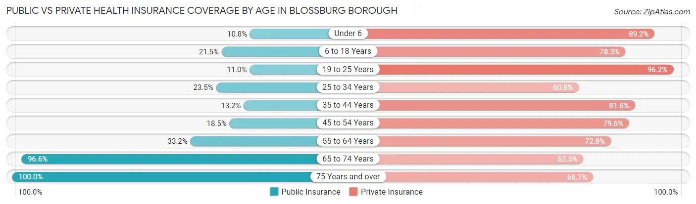 Public vs Private Health Insurance Coverage by Age in Blossburg borough