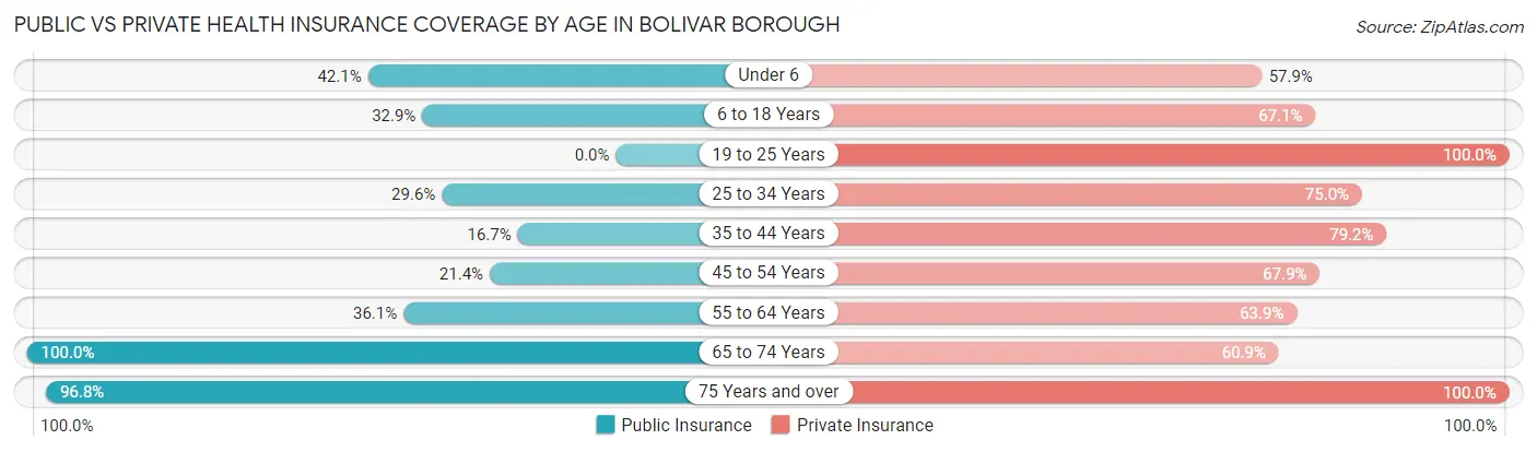 Public vs Private Health Insurance Coverage by Age in Bolivar borough