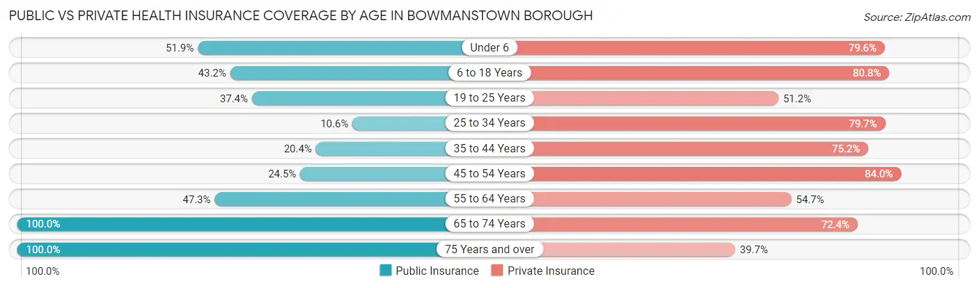 Public vs Private Health Insurance Coverage by Age in Bowmanstown borough