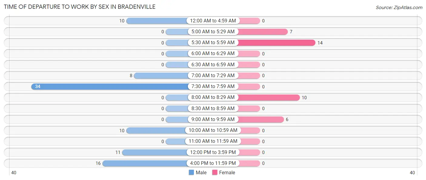 Time of Departure to Work by Sex in Bradenville