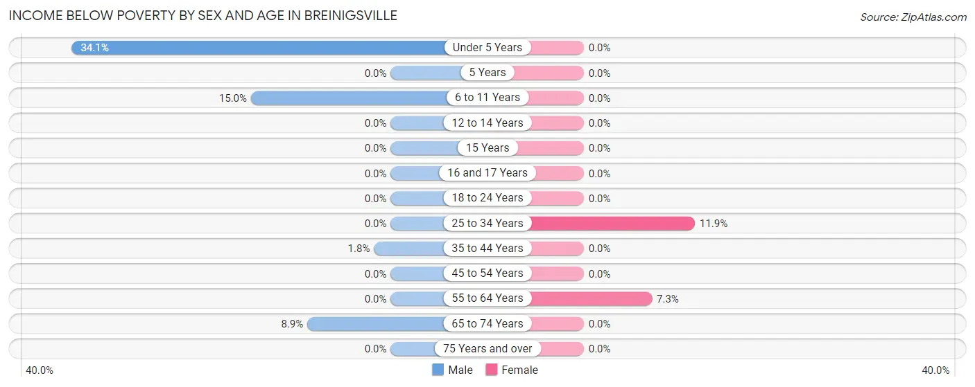 Income Below Poverty by Sex and Age in Breinigsville