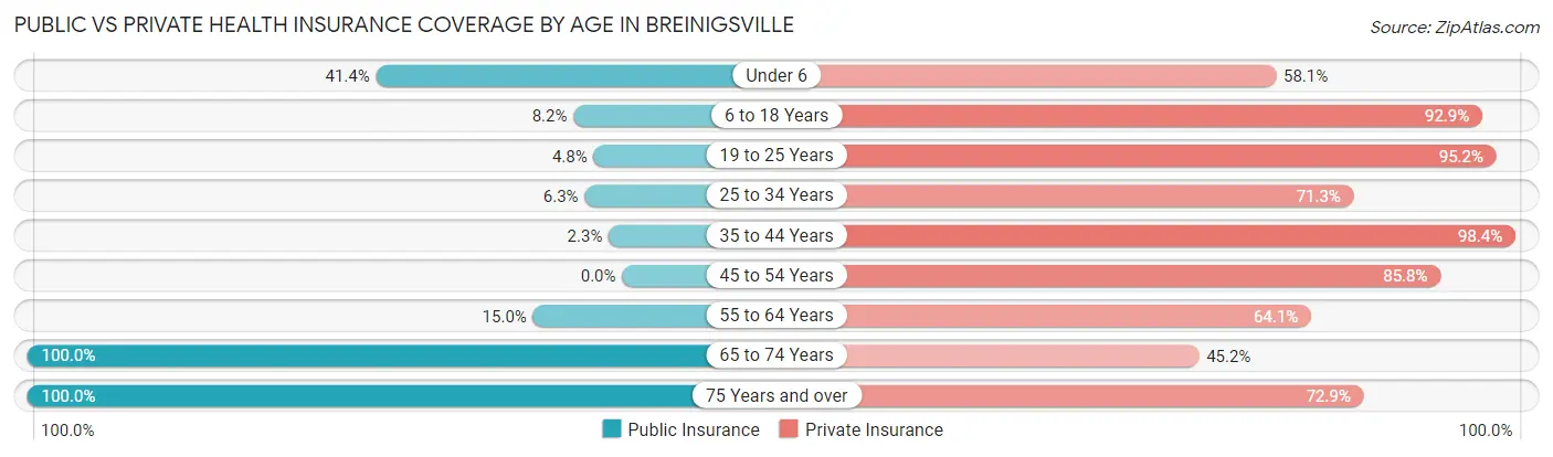 Public vs Private Health Insurance Coverage by Age in Breinigsville