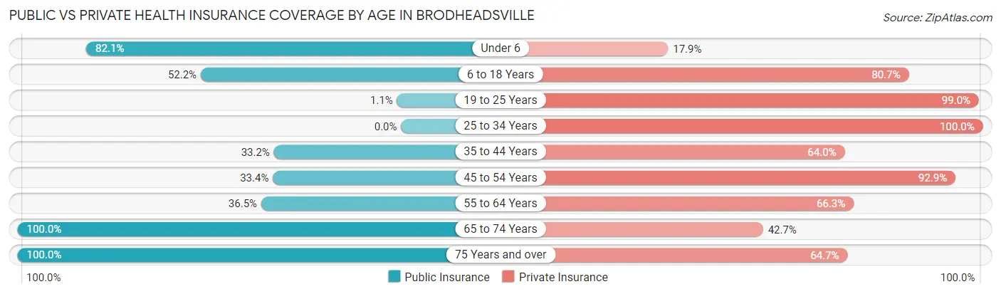 Public vs Private Health Insurance Coverage by Age in Brodheadsville