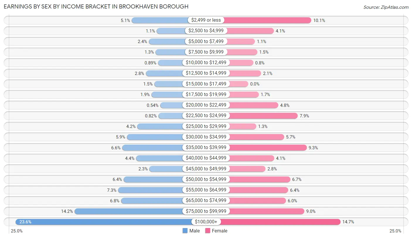 Earnings by Sex by Income Bracket in Brookhaven borough