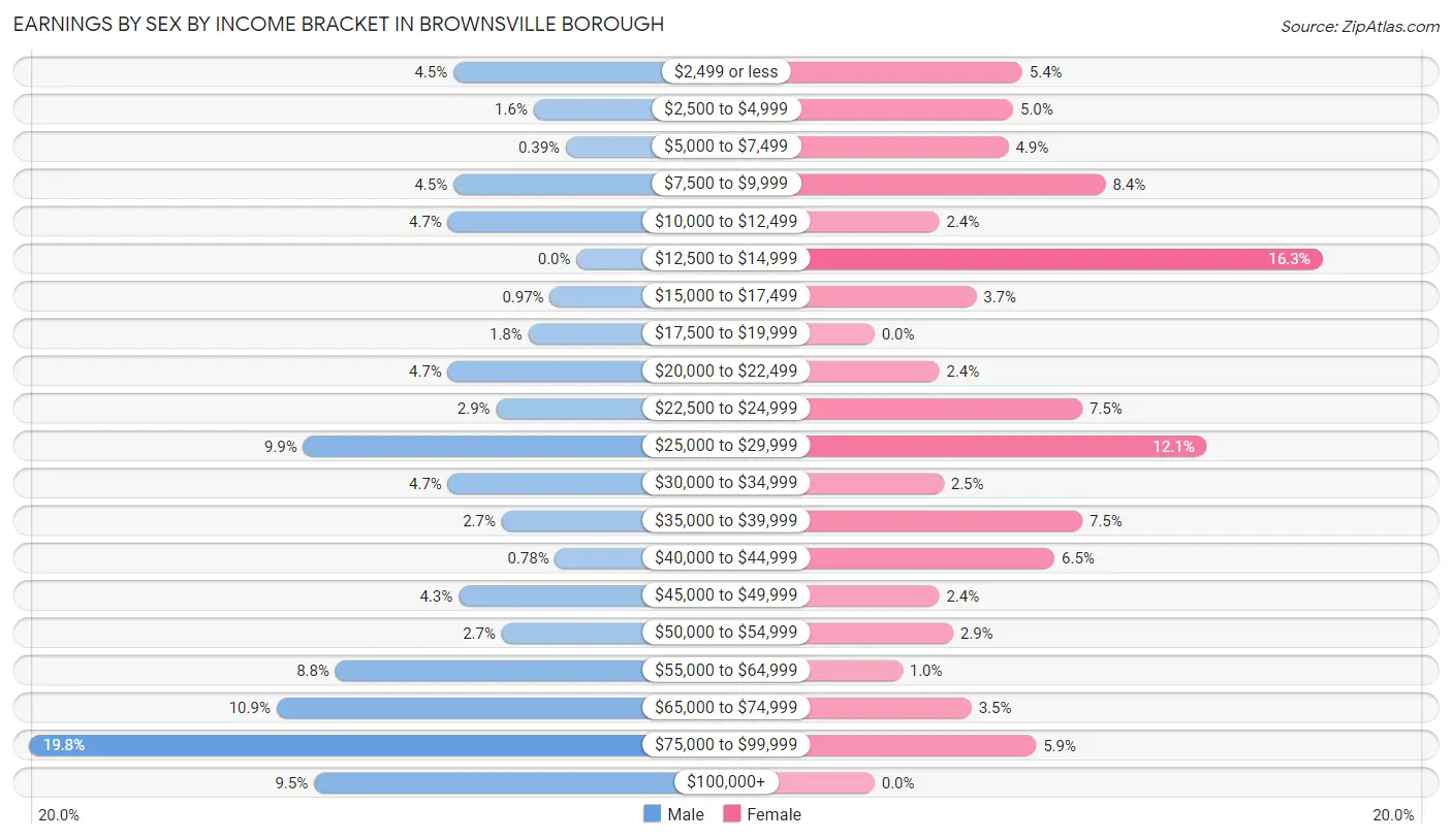 Earnings by Sex by Income Bracket in Brownsville borough