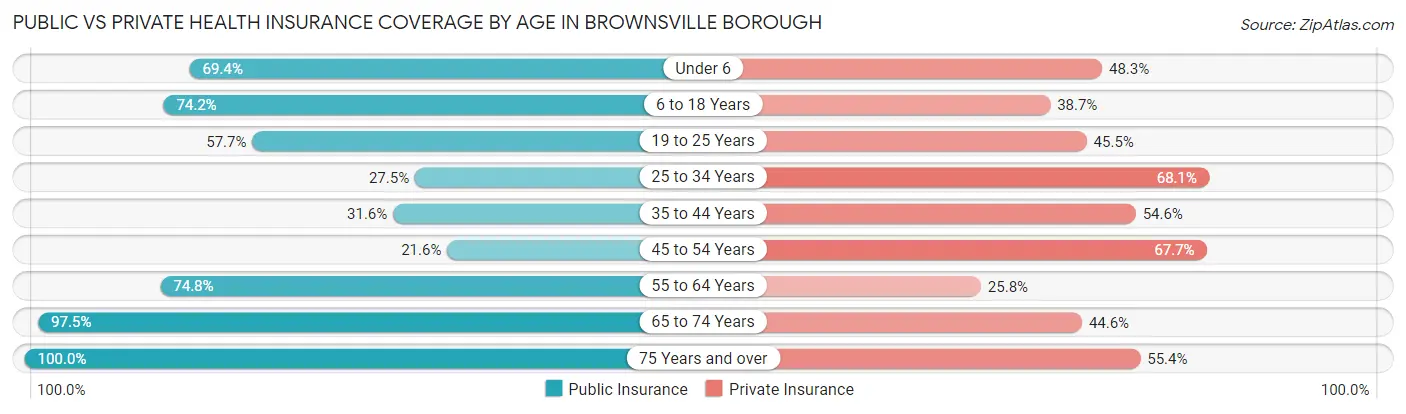 Public vs Private Health Insurance Coverage by Age in Brownsville borough