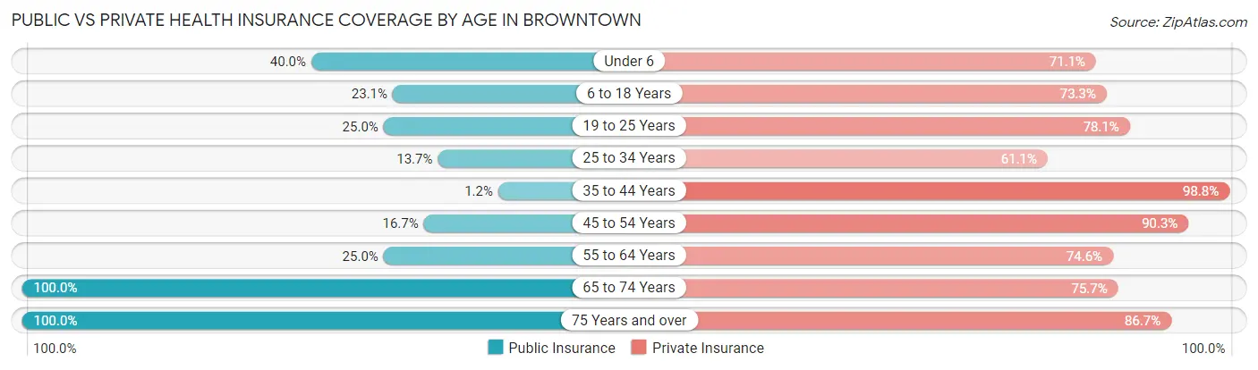 Public vs Private Health Insurance Coverage by Age in Browntown