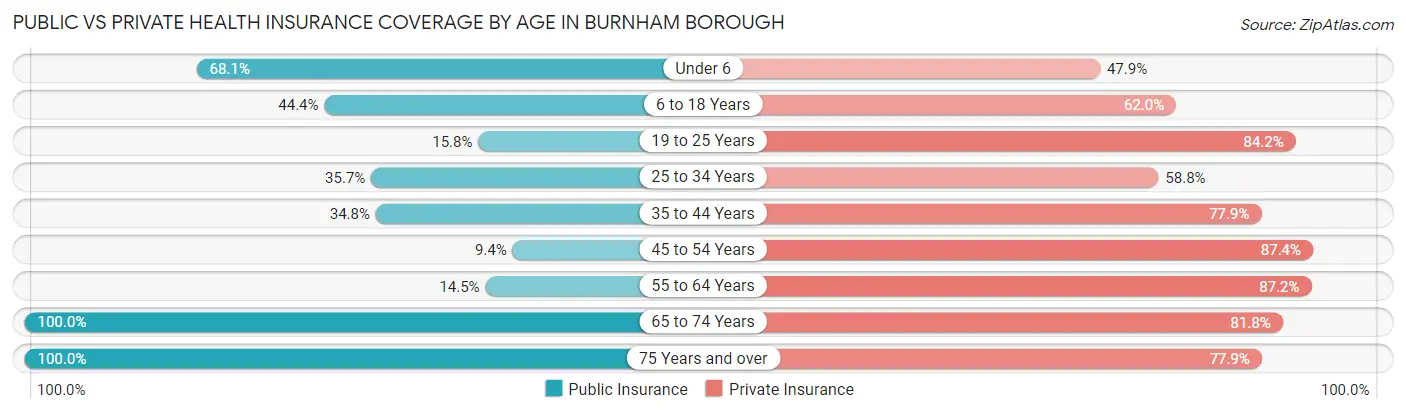 Public vs Private Health Insurance Coverage by Age in Burnham borough
