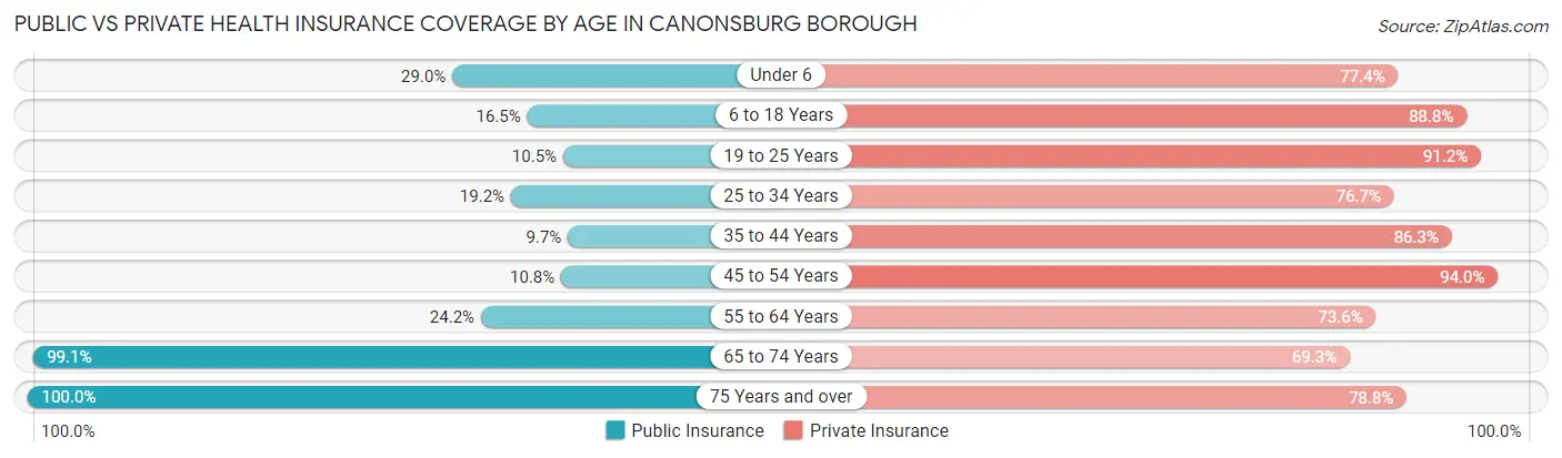 Public vs Private Health Insurance Coverage by Age in Canonsburg borough