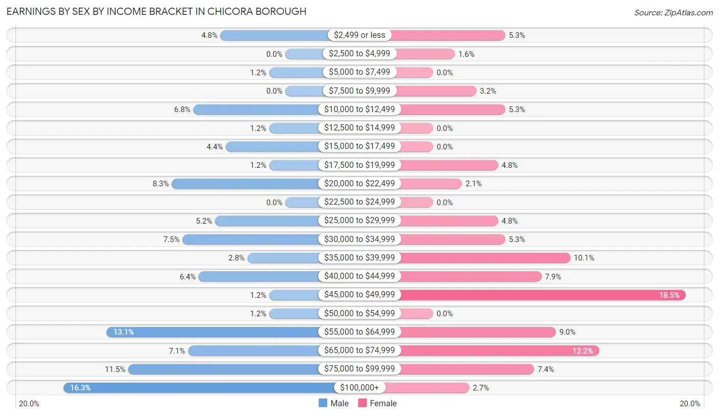 Earnings by Sex by Income Bracket in Chicora borough