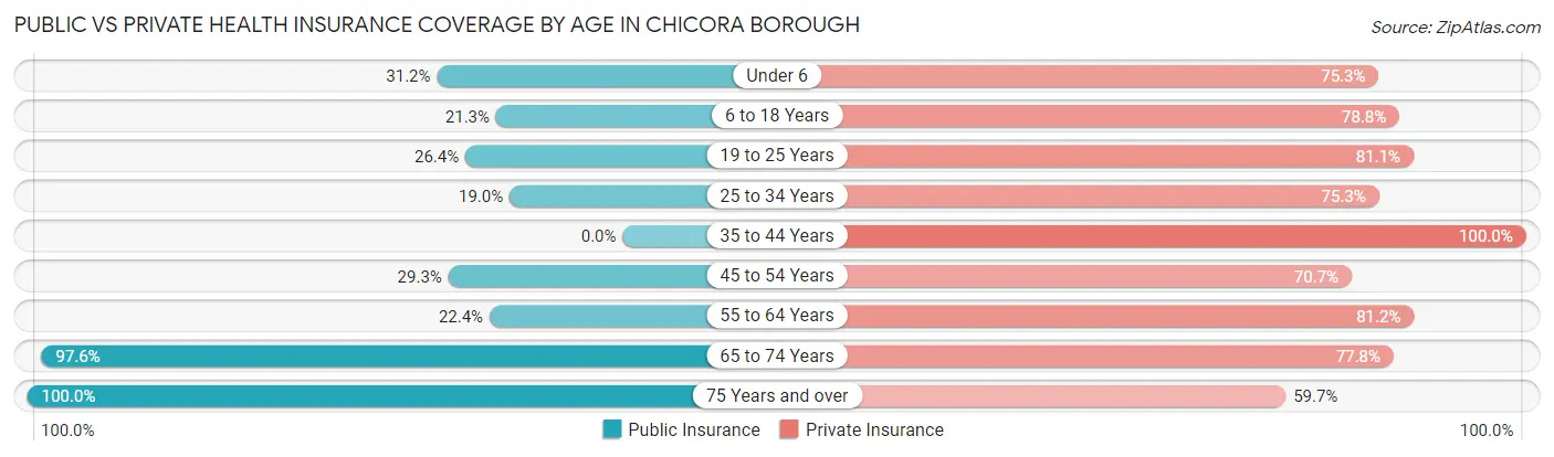 Public vs Private Health Insurance Coverage by Age in Chicora borough