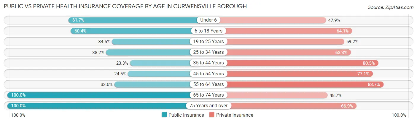 Public vs Private Health Insurance Coverage by Age in Curwensville borough