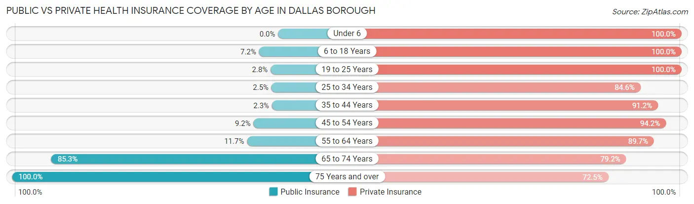 Public vs Private Health Insurance Coverage by Age in Dallas borough