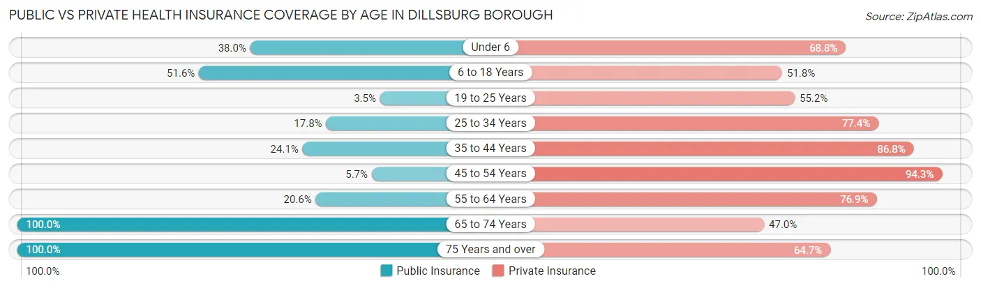 Public vs Private Health Insurance Coverage by Age in Dillsburg borough