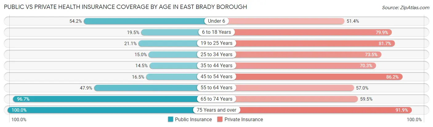 Public vs Private Health Insurance Coverage by Age in East Brady borough