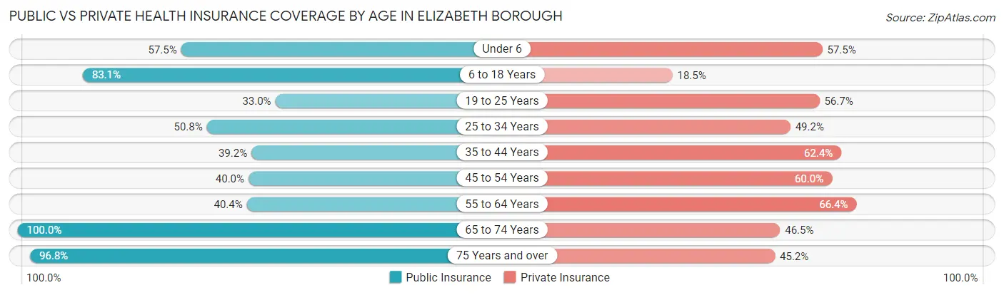 Public vs Private Health Insurance Coverage by Age in Elizabeth borough