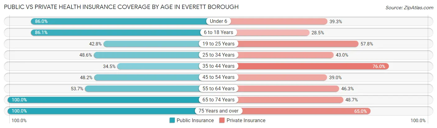 Public vs Private Health Insurance Coverage by Age in Everett borough