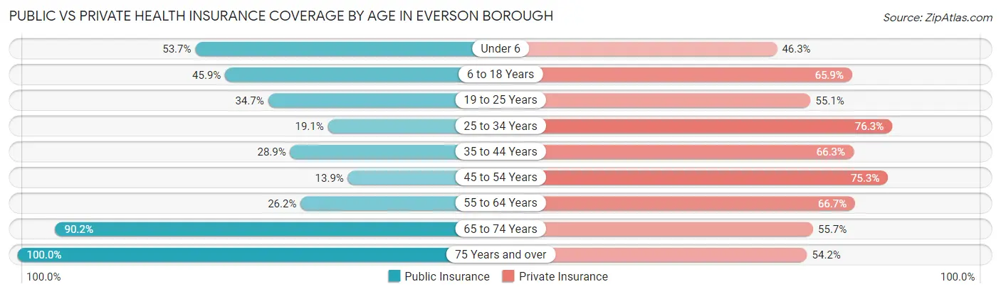 Public vs Private Health Insurance Coverage by Age in Everson borough