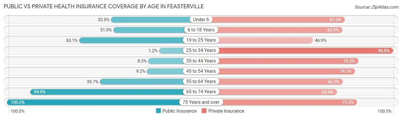 Public vs Private Health Insurance Coverage by Age in Feasterville