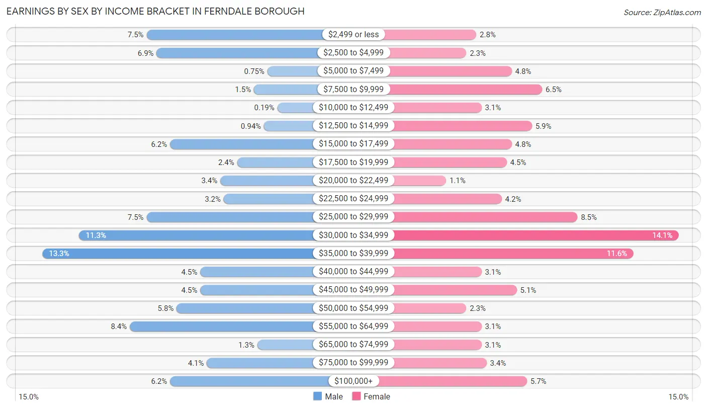 Earnings by Sex by Income Bracket in Ferndale borough
