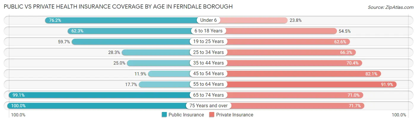 Public vs Private Health Insurance Coverage by Age in Ferndale borough