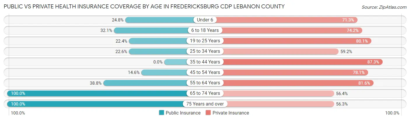 Public vs Private Health Insurance Coverage by Age in Fredericksburg CDP Lebanon County