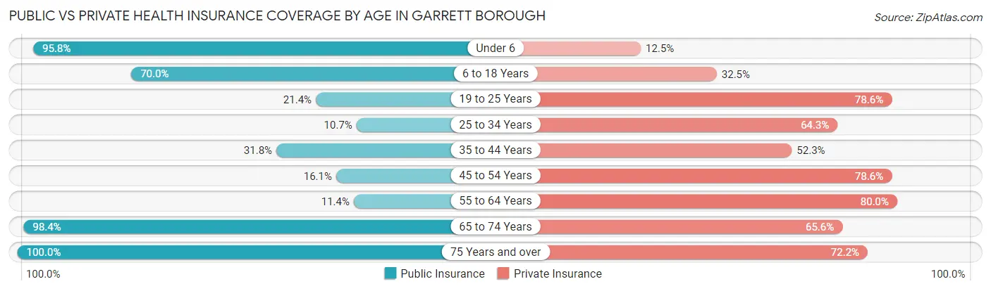 Public vs Private Health Insurance Coverage by Age in Garrett borough