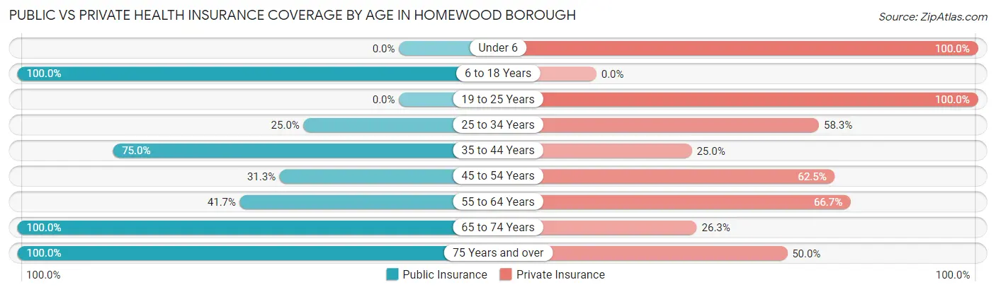 Public vs Private Health Insurance Coverage by Age in Homewood borough
