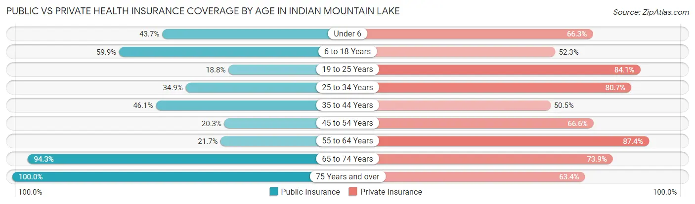 Public vs Private Health Insurance Coverage by Age in Indian Mountain Lake