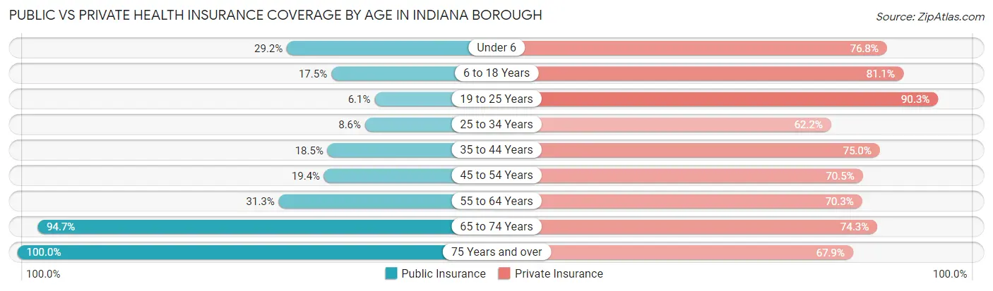 Public vs Private Health Insurance Coverage by Age in Indiana borough