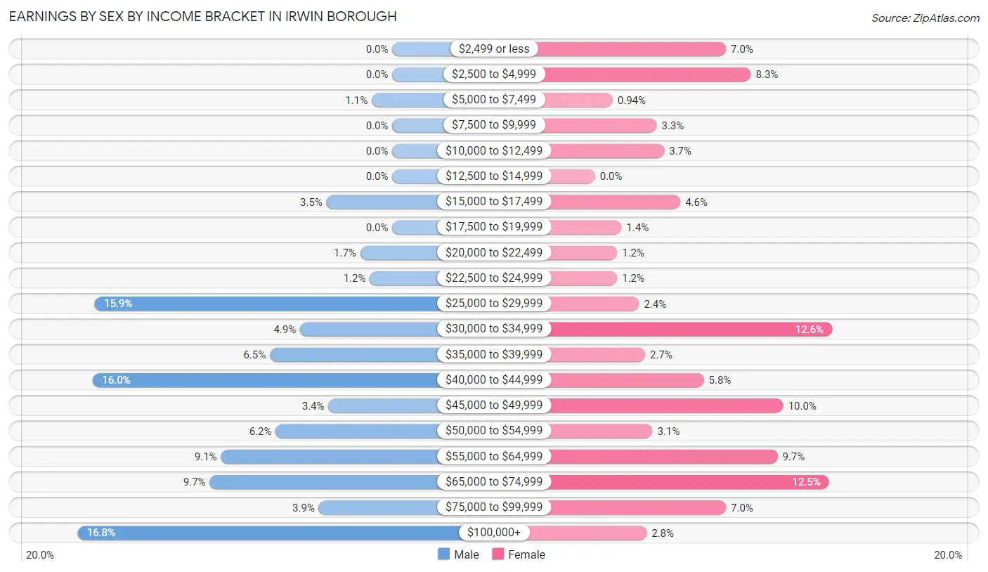 Earnings by Sex by Income Bracket in Irwin borough