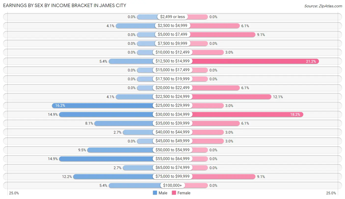 Earnings by Sex by Income Bracket in James City