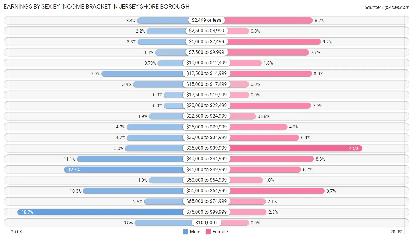 Earnings by Sex by Income Bracket in Jersey Shore borough