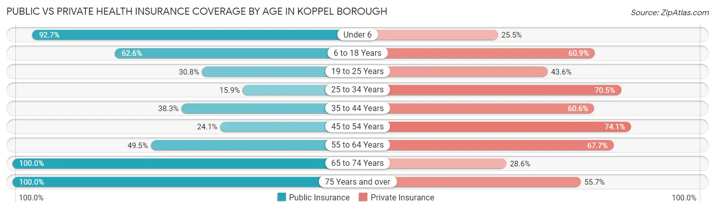 Public vs Private Health Insurance Coverage by Age in Koppel borough