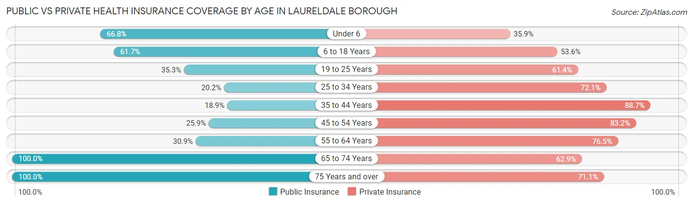 Public vs Private Health Insurance Coverage by Age in Laureldale borough