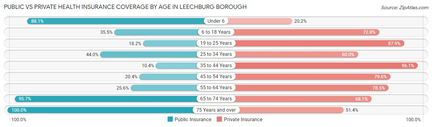 Public vs Private Health Insurance Coverage by Age in Leechburg borough