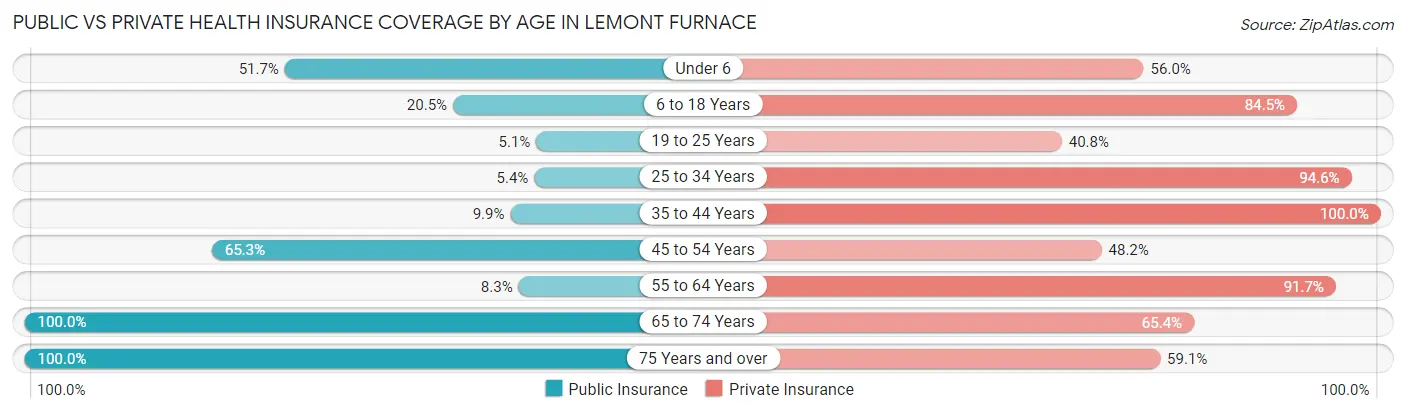 Public vs Private Health Insurance Coverage by Age in Lemont Furnace
