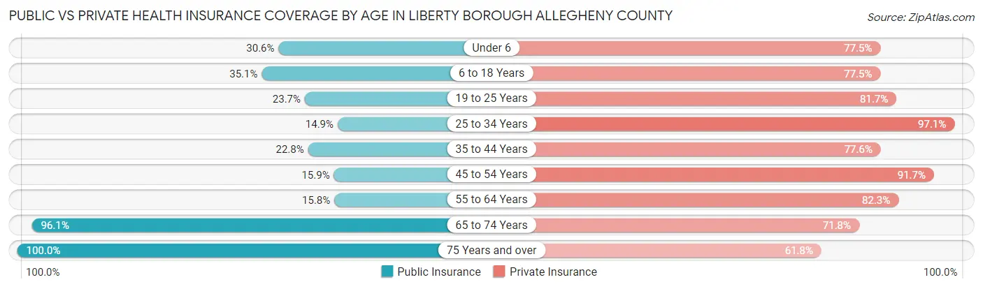 Public vs Private Health Insurance Coverage by Age in Liberty borough Allegheny County