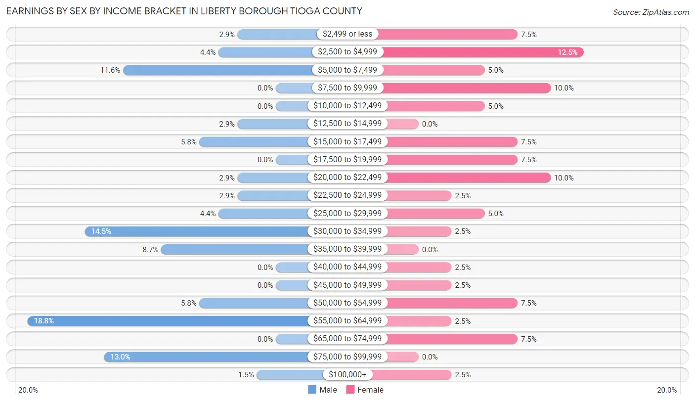 Earnings by Sex by Income Bracket in Liberty borough Tioga County