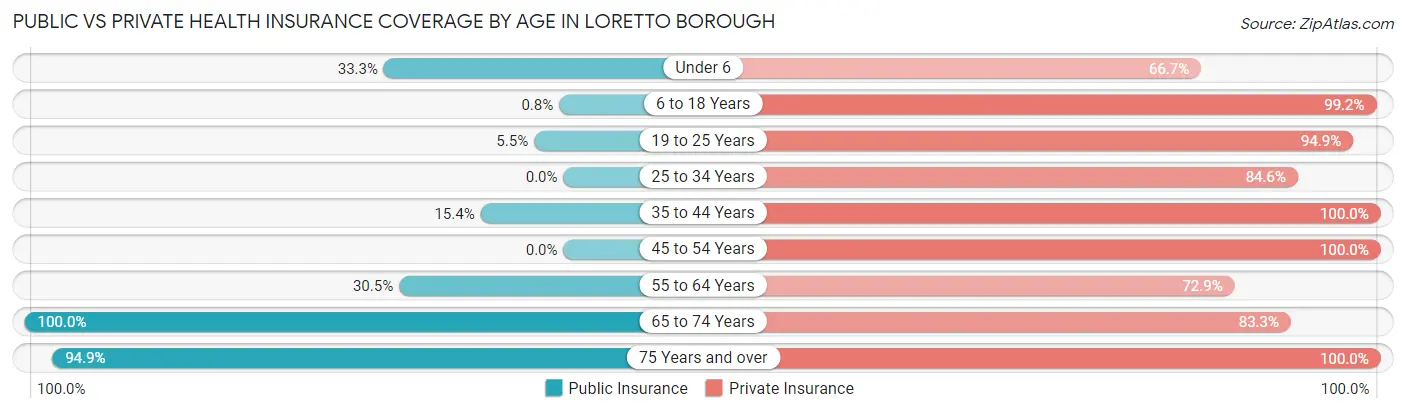 Public vs Private Health Insurance Coverage by Age in Loretto borough