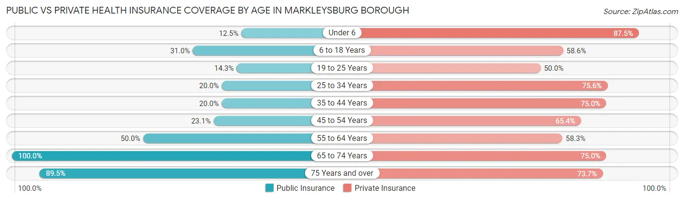 Public vs Private Health Insurance Coverage by Age in Markleysburg borough
