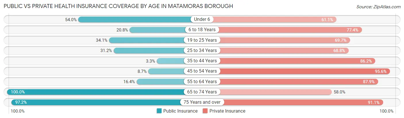 Public vs Private Health Insurance Coverage by Age in Matamoras borough
