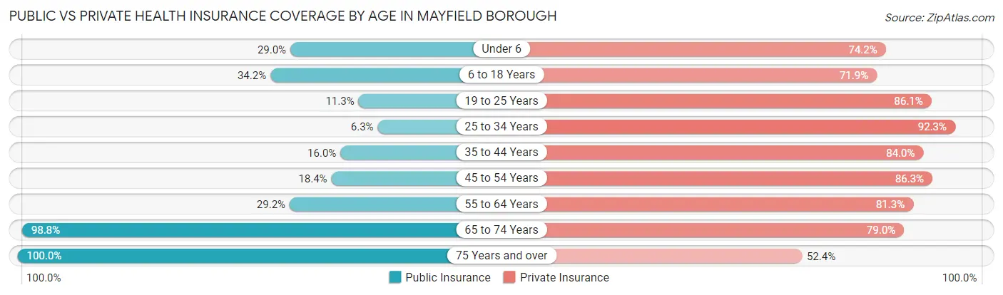 Public vs Private Health Insurance Coverage by Age in Mayfield borough