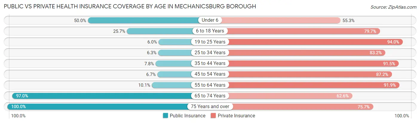 Public vs Private Health Insurance Coverage by Age in Mechanicsburg borough