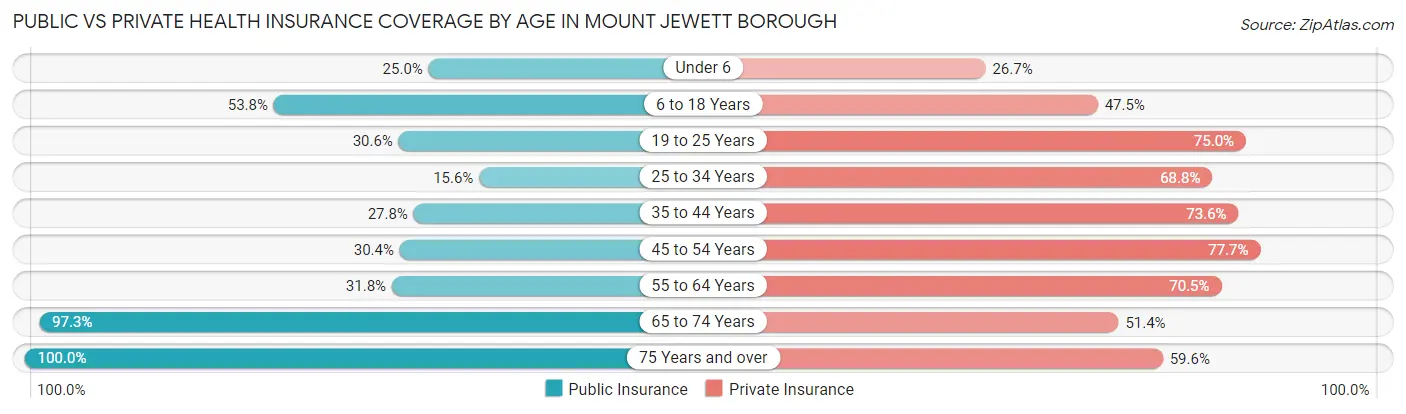 Public vs Private Health Insurance Coverage by Age in Mount Jewett borough