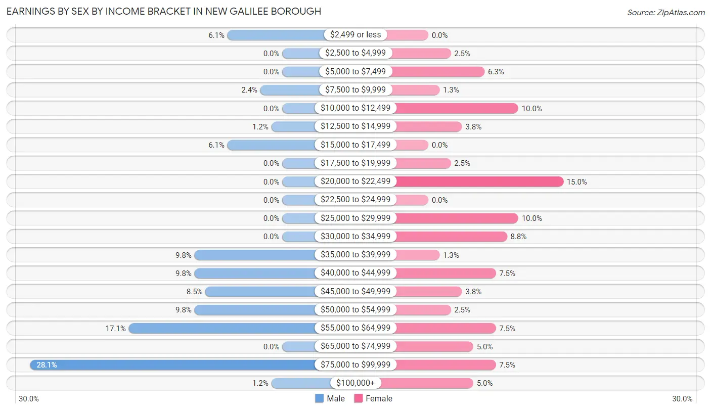 Earnings by Sex by Income Bracket in New Galilee borough