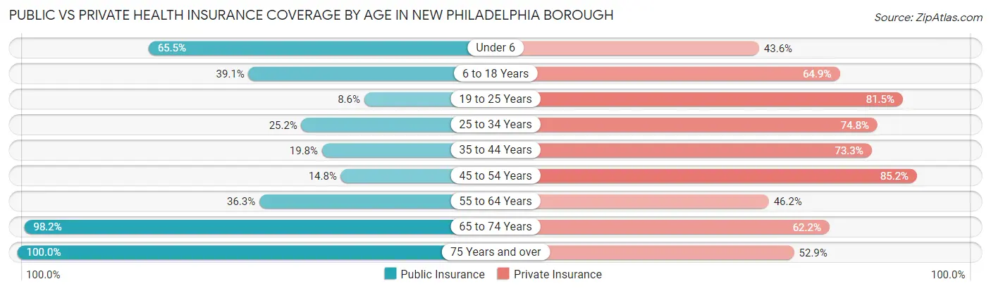Public vs Private Health Insurance Coverage by Age in New Philadelphia borough