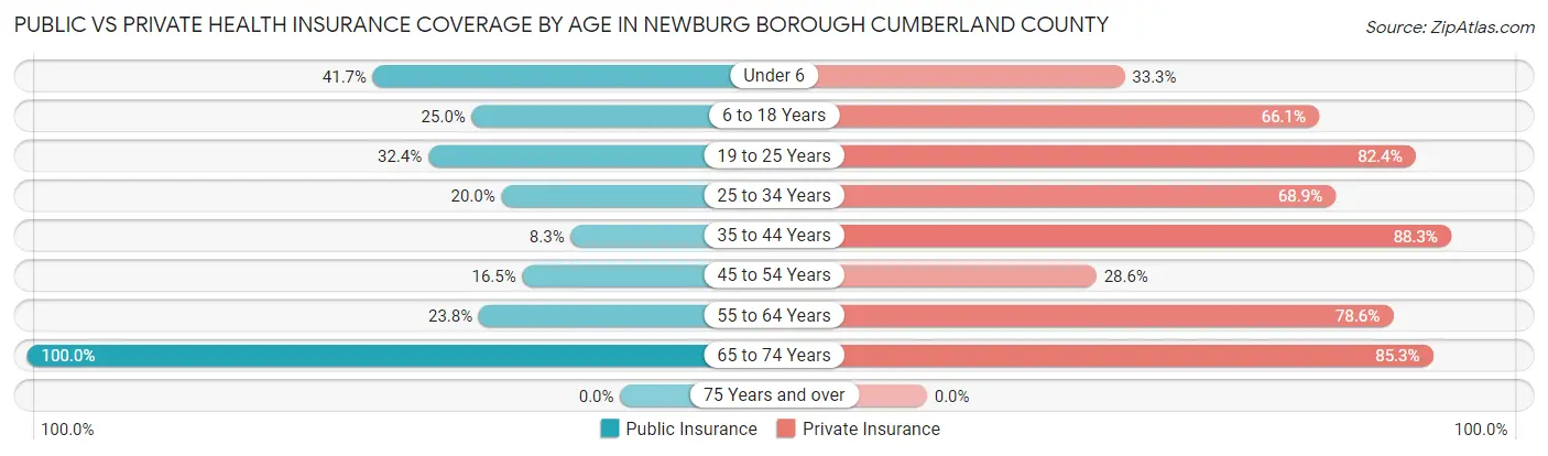 Public vs Private Health Insurance Coverage by Age in Newburg borough Cumberland County