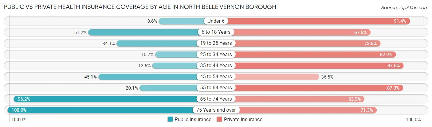 Public vs Private Health Insurance Coverage by Age in North Belle Vernon borough